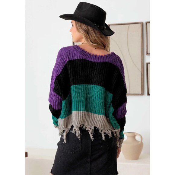NWT V-Neck Purple Teal Black Grey Long Sleeve Sweater Size M, Destroyed Hem Look - Picture 2 of 5